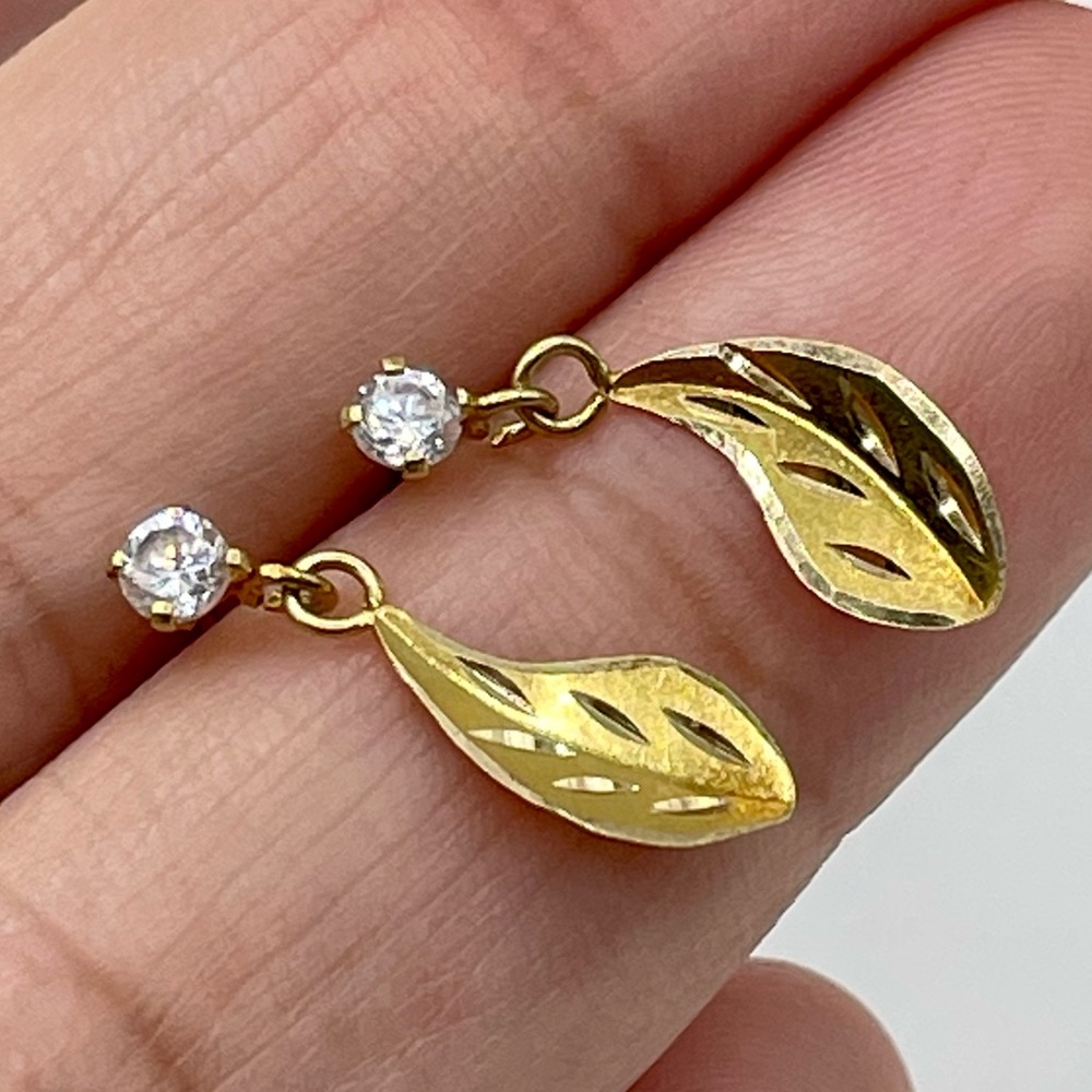 Vintage 1970's Leaf Tiny Dangle Gold Plated & Solid 14k Synth. Diamond Earrings